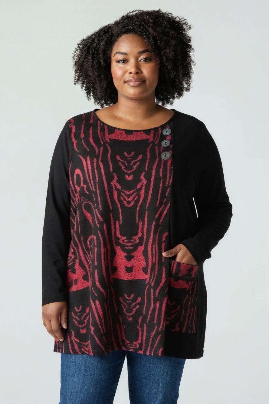 Ali Miles Boxy Red Black Tunic Top Blouse Size 2X Artsy Boxy